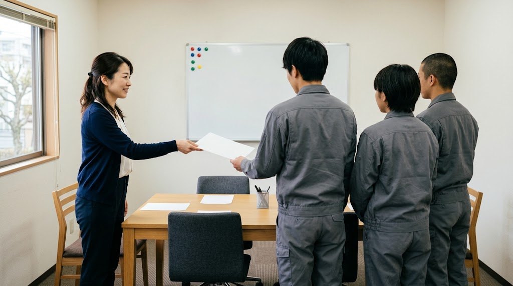 外国人従業員に今月のお知らせを渡す（orienkit 月刊お知らせパック）